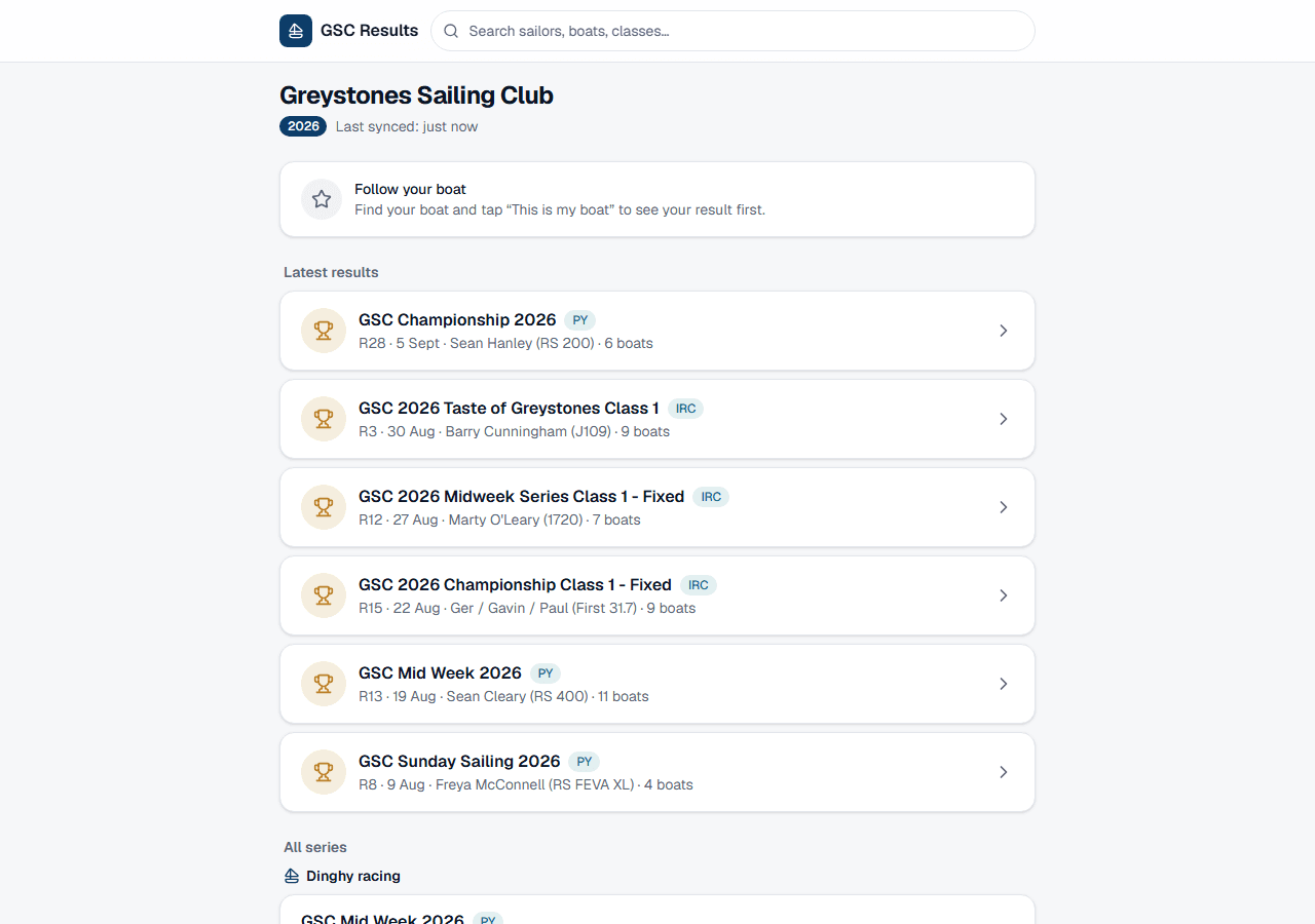 Greystones Sailing Club race results and standings